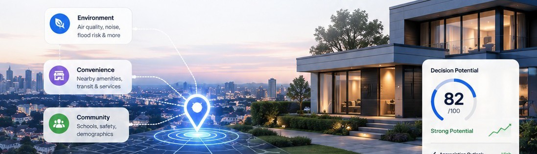 A property at dusk with Fifsee's location-intelligence overlay