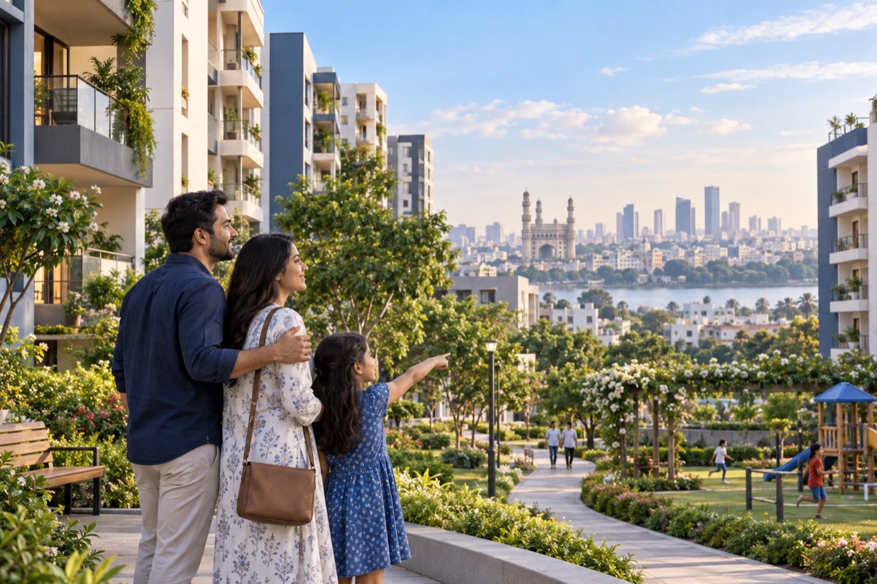Illustrative family looking toward apartments and a Hyderabad-inspired city montage.